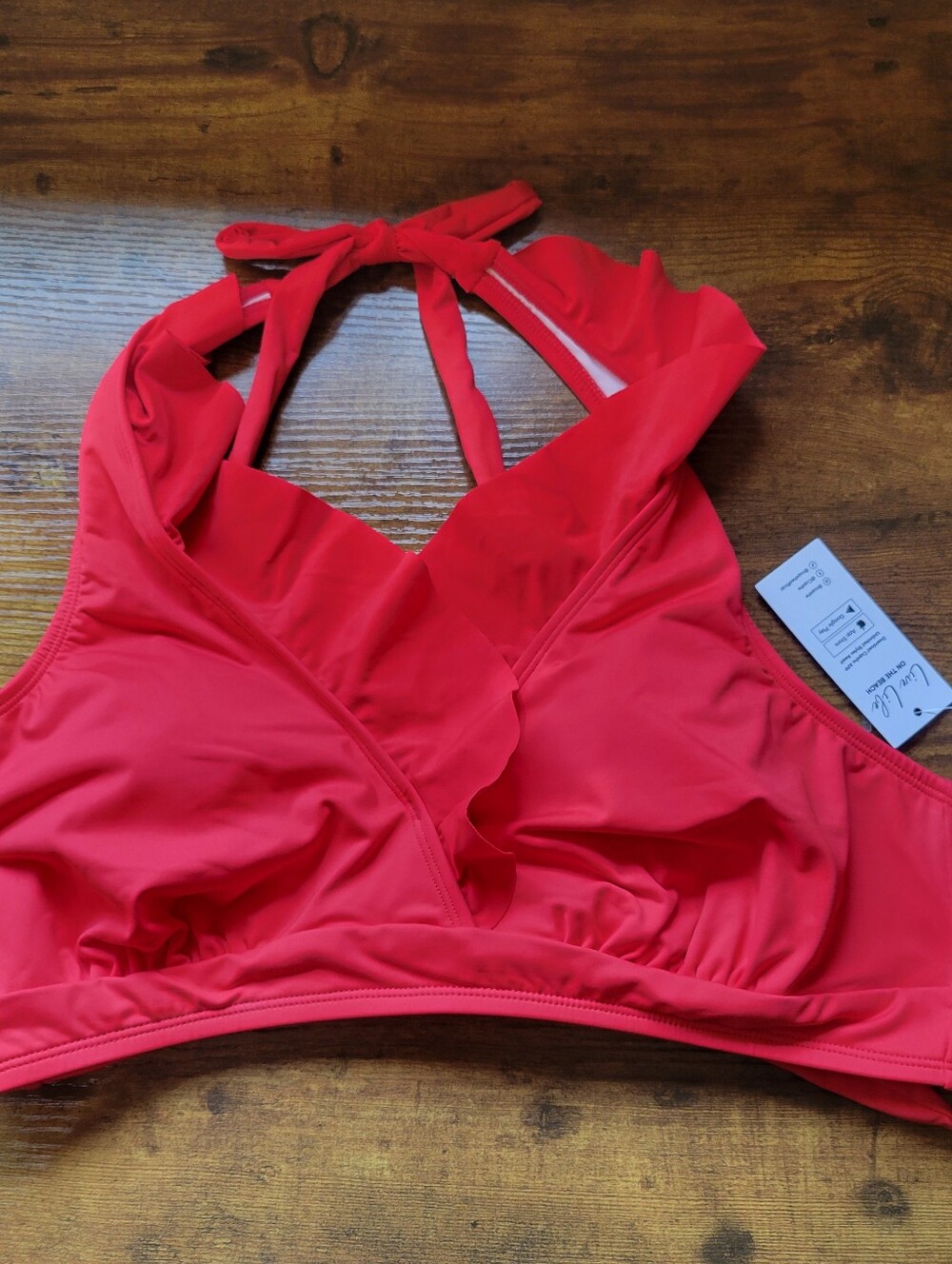 NWT CUPSHE Super Bloom Ruffle Bikini Top Halter Tie Red Women's XL